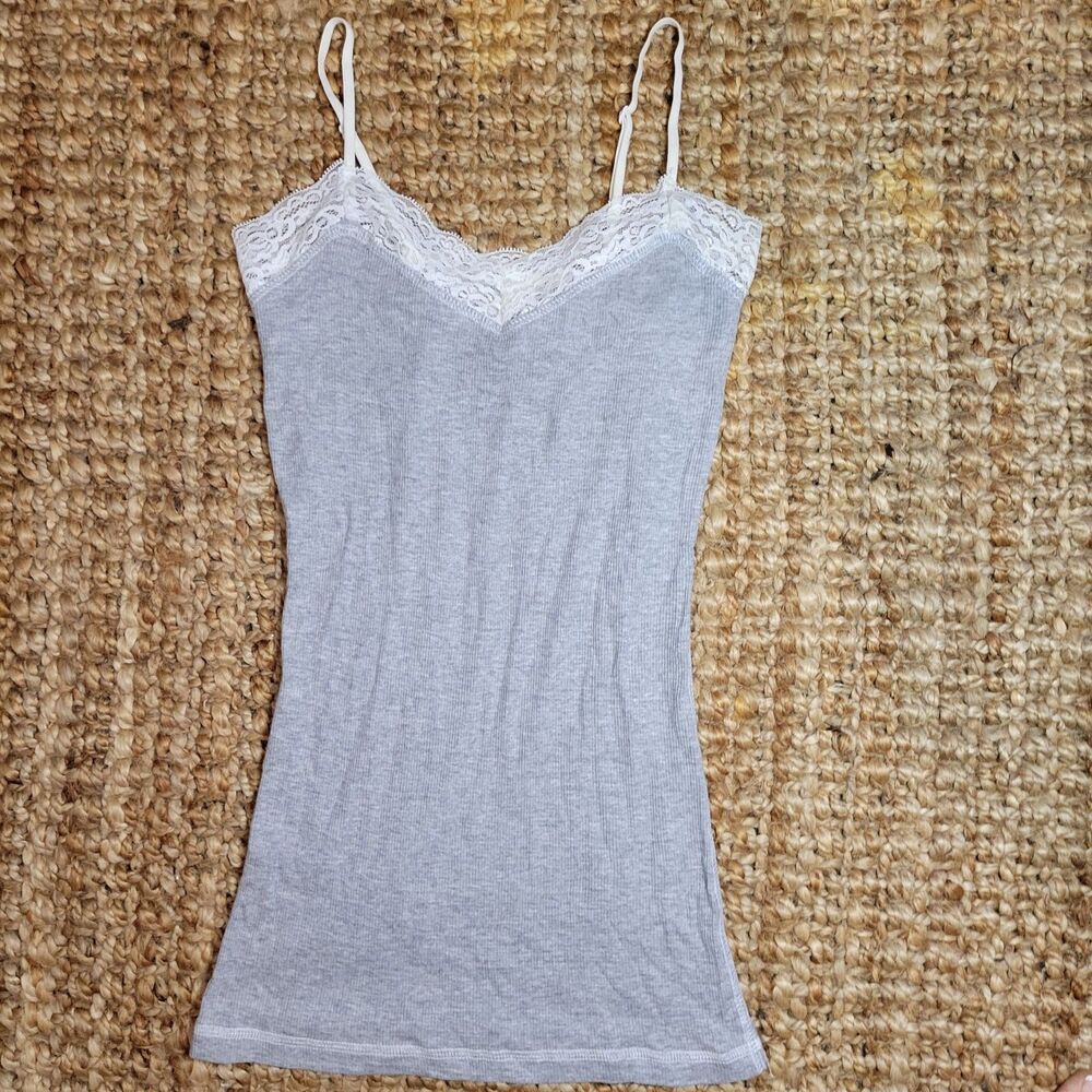 Vintage Y2K Wet Seal Cami Top Women's Gray White Lace Trim Bella Swan Coquette M